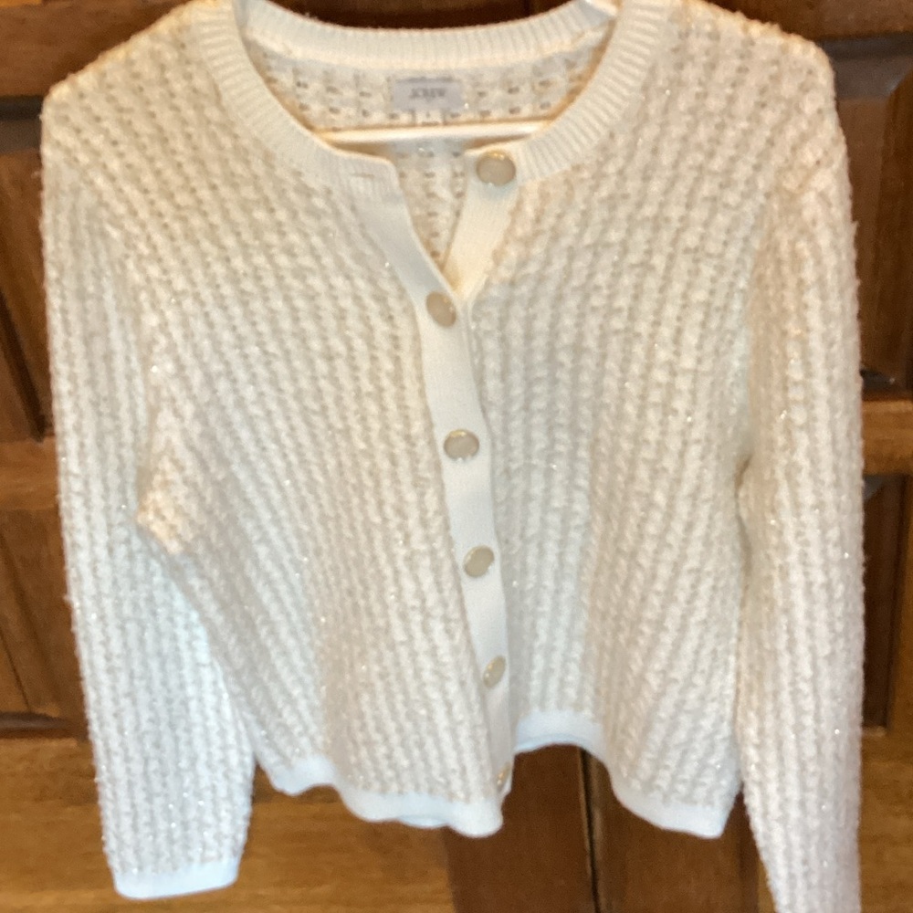 JCrew Lady Cardigan White Knit with Gold Threads